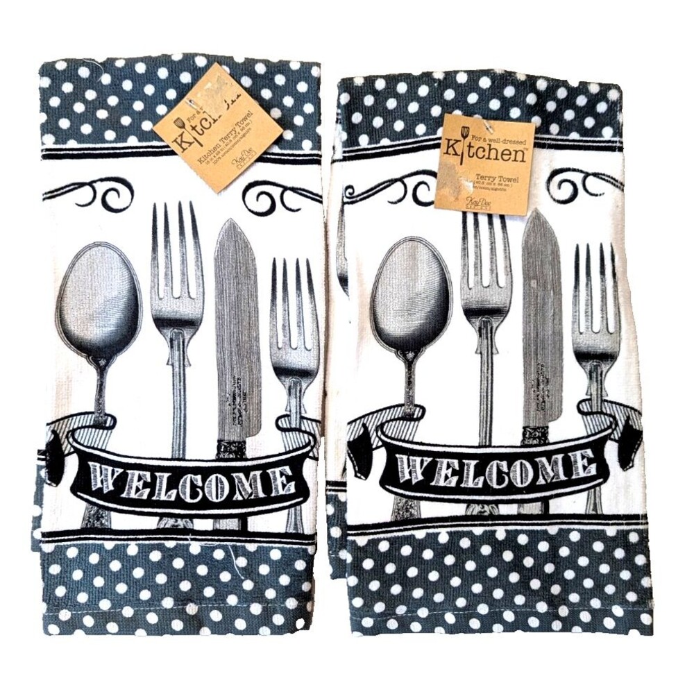 Kay Dee Spoonful of Life Flatware Kitchen Towels 2-Pc Cotton Black White Gray